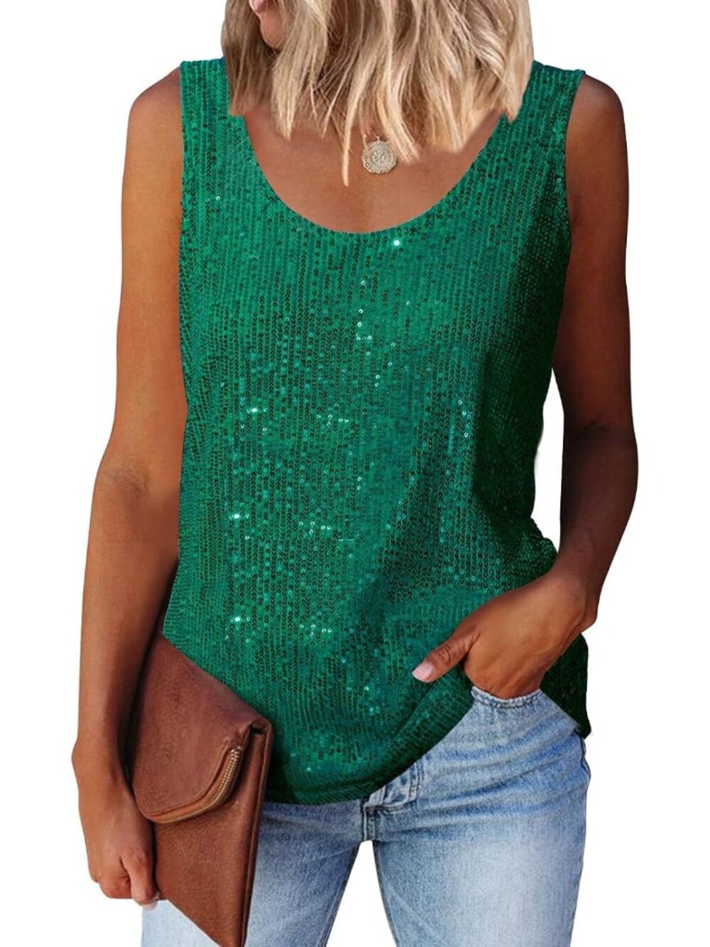 🆕Women's Green Sequin Tank Tops Scoop Neck Sequin Sparkle Shimmer Blouse
